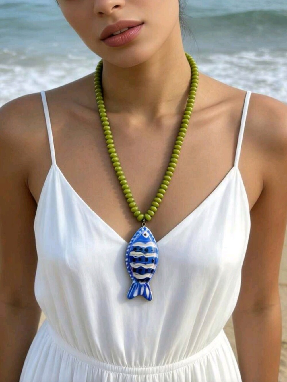Boho Fish Pendant Necklace; Hand Painted; Light Acrylic Plastic Beads; NWOT